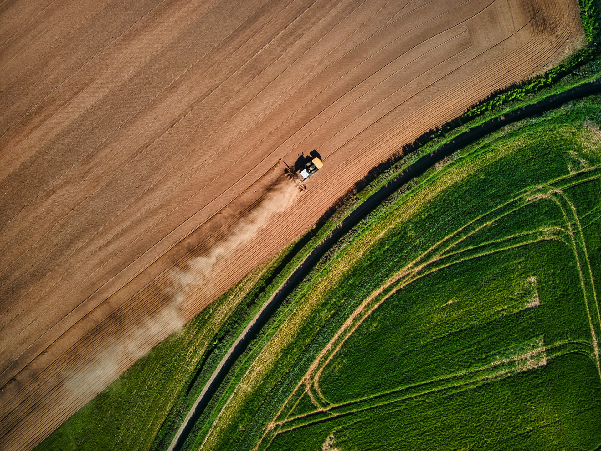 Tractor working a ploughed field beside a green crop